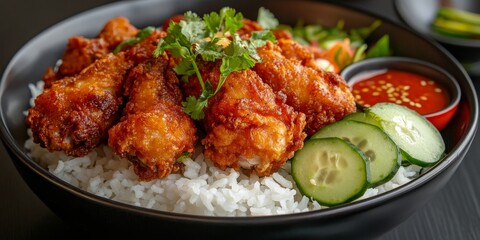 Fototapeta premium Delicious fried chicken served over rice, accompanied by fresh cucumber and tomato, showcasing the vibrant flavors of Asian cuisine in this appetizing image of fried chicken.