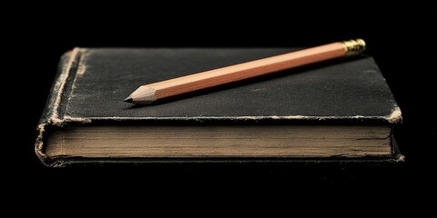 Classic rendering of a notebook and pencil set against a black background, reminiscent of an old photograph, highlights the timeless nature of the notebook and pencil combination.