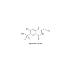 Quinethazone flat skeletal molecular structure Thiazide diuretic drug used in heart failure, hypertension treatment. Vector illustration scientific diagram.