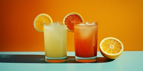 On a table, lemonade and orange are arranged facing each other, creating a visual juxtaposition between the two refreshing beverages, lemonade and orange.