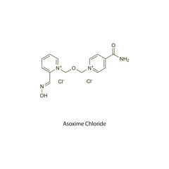 Asoxime Chloride flat skeletal molecular structure cholinesterase reactivator drug used in organophosphorus poisoning treatment. Vector illustration scientific diagram.
