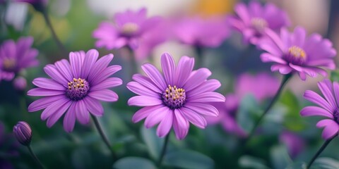 Obraz premium The vibrant blooming and budding of purple daisies showcases their stunning beauty, demonstrating the enchanting process of purple daisies as they flourish in a vivid display.