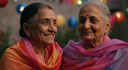 Elderly south asian women celebrating festival, wearing colorful traditional attire under festive lights