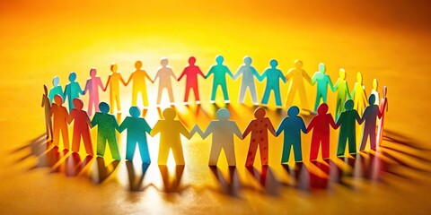 Double exposure creates a vibrant image of diverse individuals, cut from yellow paper, celebrating inclusivity.