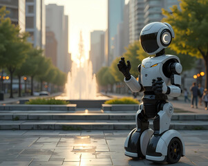 Smart Cities and Urban Robots: Waste-collecting robot working near a futuristic city park fountain. Generative AI