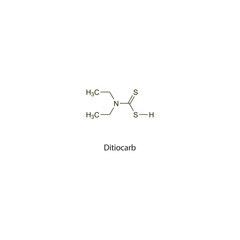 Ditiocarb  flat skeletal molecular structure chelator drug used in nickel poisoning treatment. Vector illustration scientific diagram.