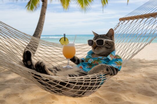 A cat tourist in sunglasses on the seashore drinks a cocktail while lying in a hammock.