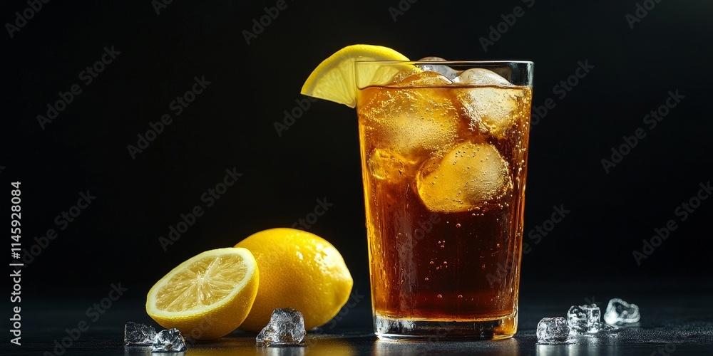 Poster freshly brewed ice tea with lemon displayed on a sleek black background, highlighting the refreshing