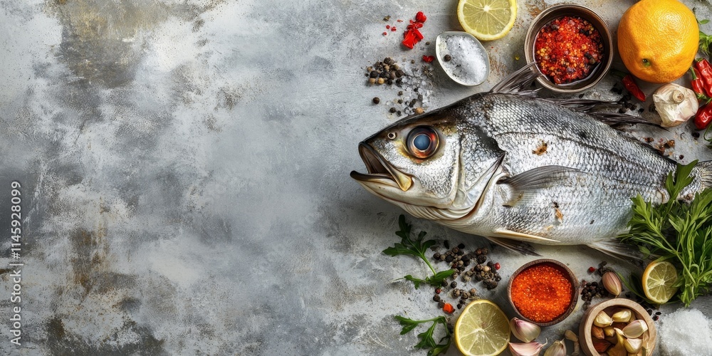 Poster glithead fish featuring its head and tail alongside various ingredients, with ample blank space on t