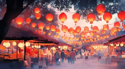 Obraz premium Chinese new year Street market under red lanterns, families shopping for festive goods, warm holiday vibe, watercolor style