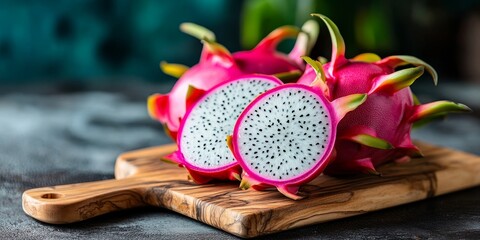 Sliced organic white dragon fruit displayed on a wooden chopping board, showcasing its vibrant interior and offering ample copy space for design use. Fresh organic white dragon fruit on board.