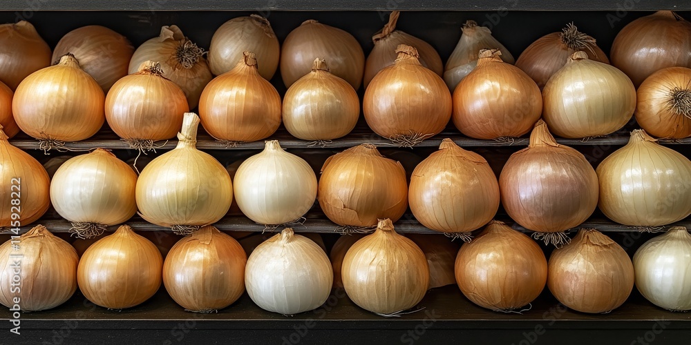 Poster onions of uniform size are neatly arranged in rows on a shelf, showcasing the appealing symmetry and