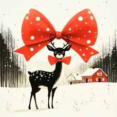 Obraz premium Festive Reindeer with Red Bow in Winter Wonderland