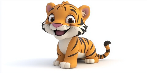 Cute Cartoon Tiger Cub Sitting on White Background