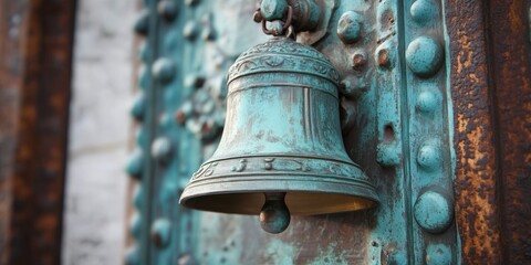 Obraz premium The ancient tower features a striking bronze alarm bell, symbolizing historic significance and craftsmanship. This bronze alarm bell is a remarkable example of vintage design in architectural history.