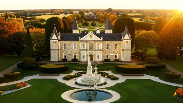 Golden hour video of a georgian-style manor with gardens in an elegant estate with ponds and flower beds