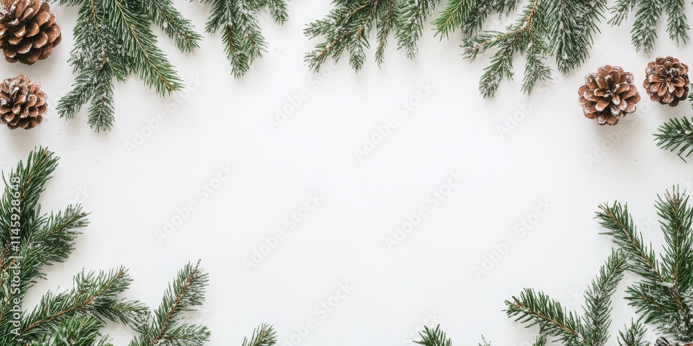 Poster christmas decor and framing feature a layout of a green fir tree, pine cones, and a tree against a w