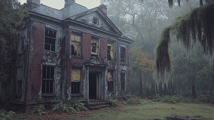 Obraz premium An abandoned colonial plantation house in the southern United States, with peeling paint, shattered windows, and moss hanging from nearby trees