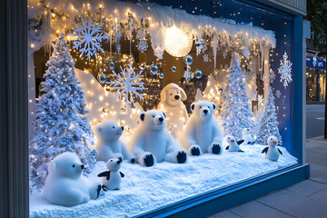 Enchanted Winter Wonderland: A Mesmerizing Storefront Display of Snowy Delights and Festive Charm