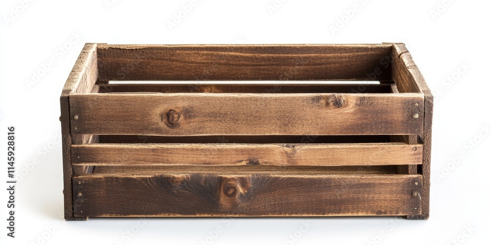 Poster wooden crate basket showcased in isolation against a white background. this wooden box is presented 