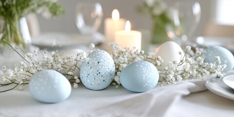 Obraz premium Festive table setting featuring painted eggs and delicate gypsophila flowers, perfect for an Easter celebration. Embrace the festive spirit with this stylish Easter table setting.