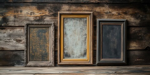 Vintage picture frame displayed on a wooden wall, showcasing a nostalgic charm. This old picture frame brings character and warmth to any space with its unique design and aged texture.