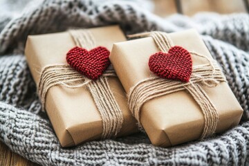 Two charmingly wrapped gifts adorned with vibrant red hearts sit invitingly on a table, radiating love and warmth perfect for Valentine's Day.
