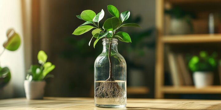 Ficus elastica seedlings with roots displayed in a bottle of water on a wooden desk create a unique scene at home. Propagating Ficus elastica indoors is a rewarding experience. Closeup shot.