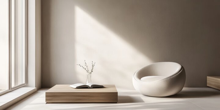 A minimalist living room showcases its simplicity with a coffee table, a book, and an armchair, emphasizing clean lines and a clutter free aesthetic.