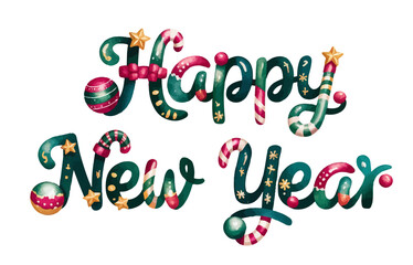 Happy New Year 2025 Vector watercolor,watercolor Christmas decoration, candy canes, Christmas stars, decorative balls, Happy New Year 2025