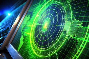 Green radar blips animate on the ship's navigation screen, a digital interface displaying maritime technology's real-time data.