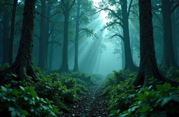 Fototapeta premium Dramatic, scary dark forest with green bushes