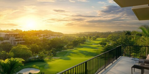 View from the balcony showcases a verdant golf course bathed in the warm glow of the sunset, creating a picturesque and serene atmosphere to enjoy.