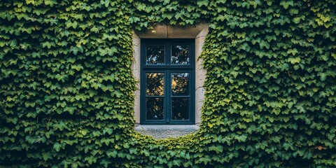 Ivy covered wall featuring a beautiful window showcases nature and architecture, with the window...