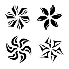 Fototapeta premium Four abstract, black, floral-like designs with unique, symmetrical patterns resembling petals or blades.
