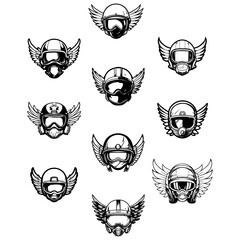 set of acer helmet and visor with wings isolated on white background editable to transparent background.