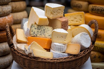 A wicker basket filled with assorted pieces of cheese, including soft, hard, and blue varieties, arranged beautifully, offering a rustic and artisanal presentation.