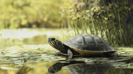 Obraz premium turtle resting on grass by serene pond, surrounded by greenery