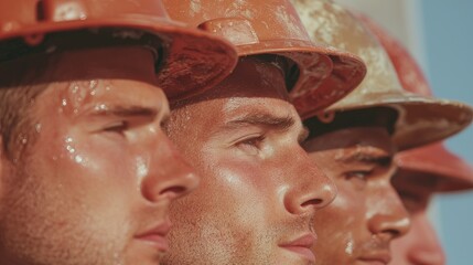 Close-up of sweaty construction workers in hard hats.