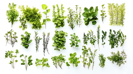A collection of aquatic plants arranged to highlight their shapes and details, positioned on a clean white background 