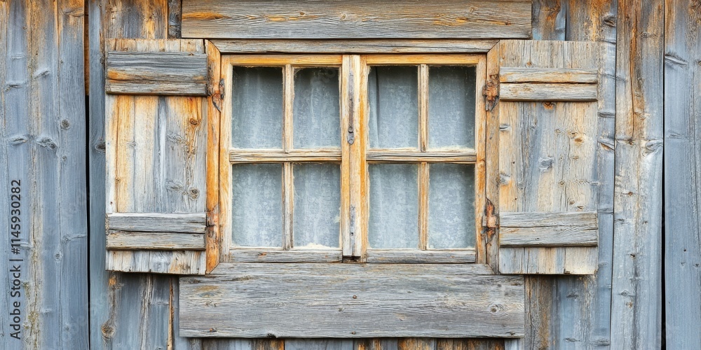 Aufkleber rustic old window of a wooden house wall showcasing charming aged textures, providing a glimpse into
