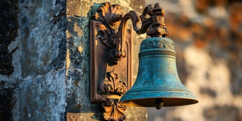 Obraz premium The ancient tower features a striking bronze alarm bell, symbolizing historic significance and craftsmanship. This bronze alarm bell is a remarkable example of vintage design in architectural history.