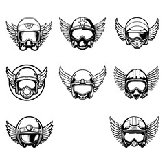 set of vector retro motorcycle helmet with wings. vector illustration on white background editable transparent background 