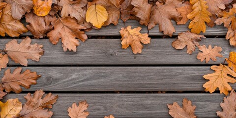 Obraz premium Autumn brings dry oak leaves scattered on a wooden bench, creating a picturesque scene of nature s transition. The combination of dry oak leaves and the wooden bench captures the essence of autumn