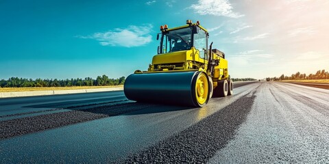 A robust road roller is operating on an asphalt site, laying down the surface for a new highway. The scene is presented in a landscape orientation.