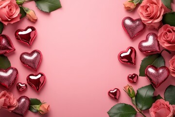 Fototapeta premium A whimsical display of vibrant roses and delicate hearts dances on a soft pink canvas, embodying the essence of love and romance for Valentine's Day.