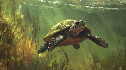 Swimming turtle gliding through clear water surrounded by aquatic plants