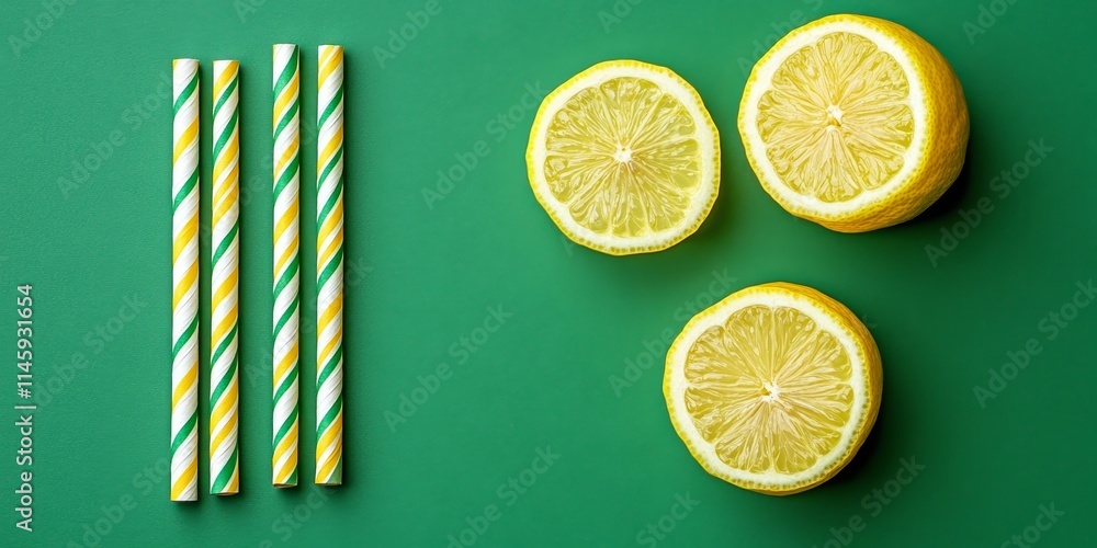 Poster slices of lemon arranged on a vibrant green background alongside two striped straws, creating a refr