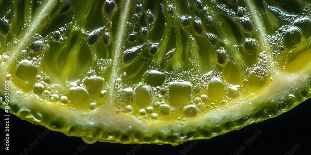 Poster macro close up highlighting the vibrant surface texture of a juicy slice of lime, showcasing the int