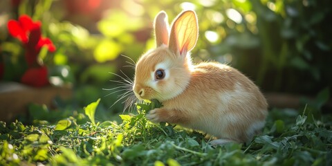 A little brown rabbit enjoying grass in a farm courtyard, showcasing the adorable bunny s playful nature while nibbling on fresh greenery in a serene outdoor setting.